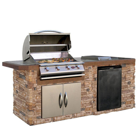 Cal Flame 7 foot BBQ Grill Island with P4 Four Burner Gas Grill, Fridge, Rotisserie Kit BBK710 - Majestic Patio