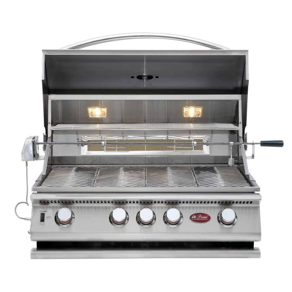 Cal Flame 7 foot BBQ Grill Island with P4 Four Burner Gas Grill, Fridge, Rotisserie Kit BBK710 - Majestic Patio