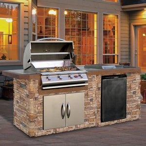 Cal Flame 7 foot BBQ Grill Island with P4 Four Burner Gas Grill, Fridge, Rotisserie Kit BBK710 - Majestic Patio