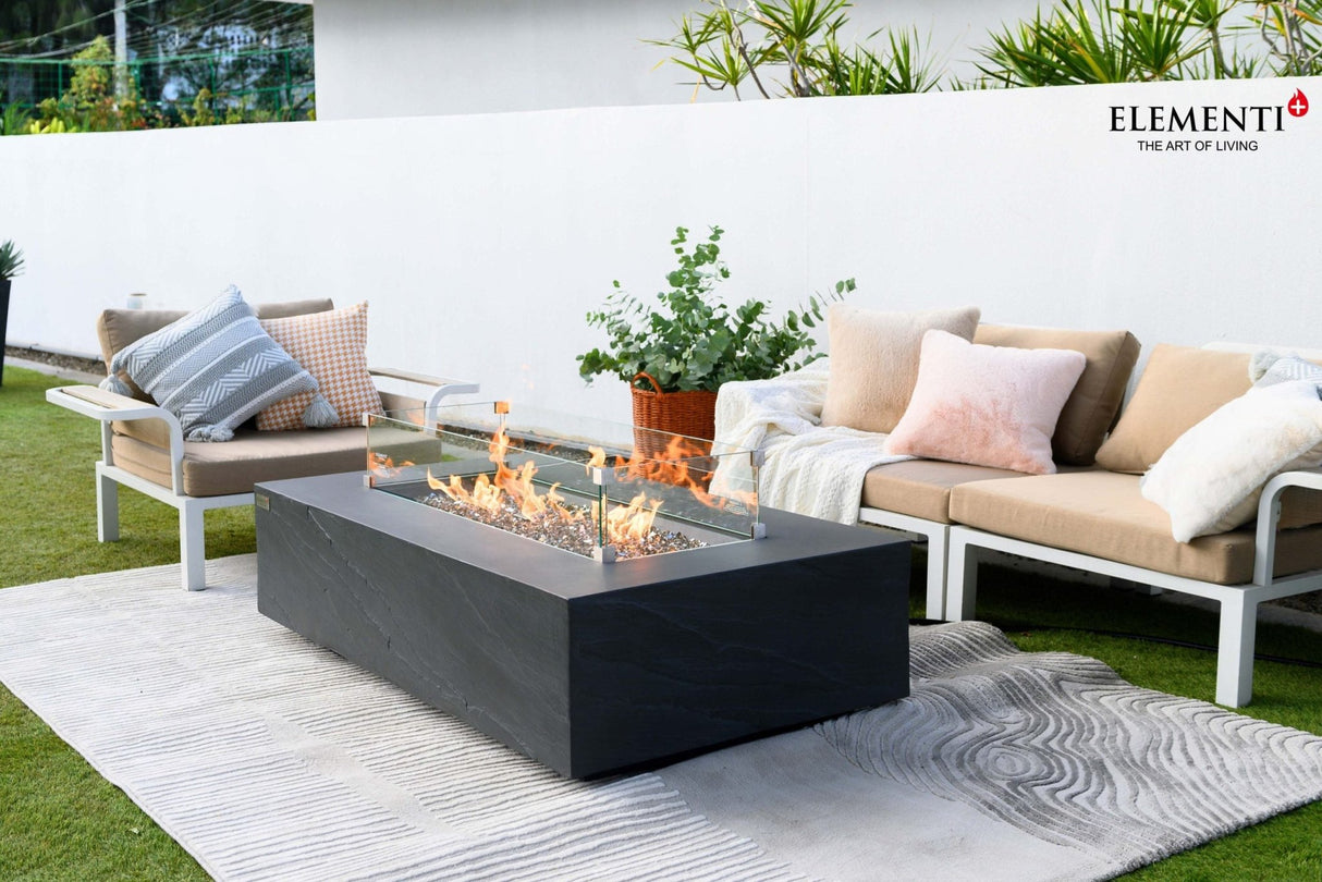 Elementi Meteora, Cape Town, and Colorado Rectangle Sandstone Fire Table - Majestic Patio