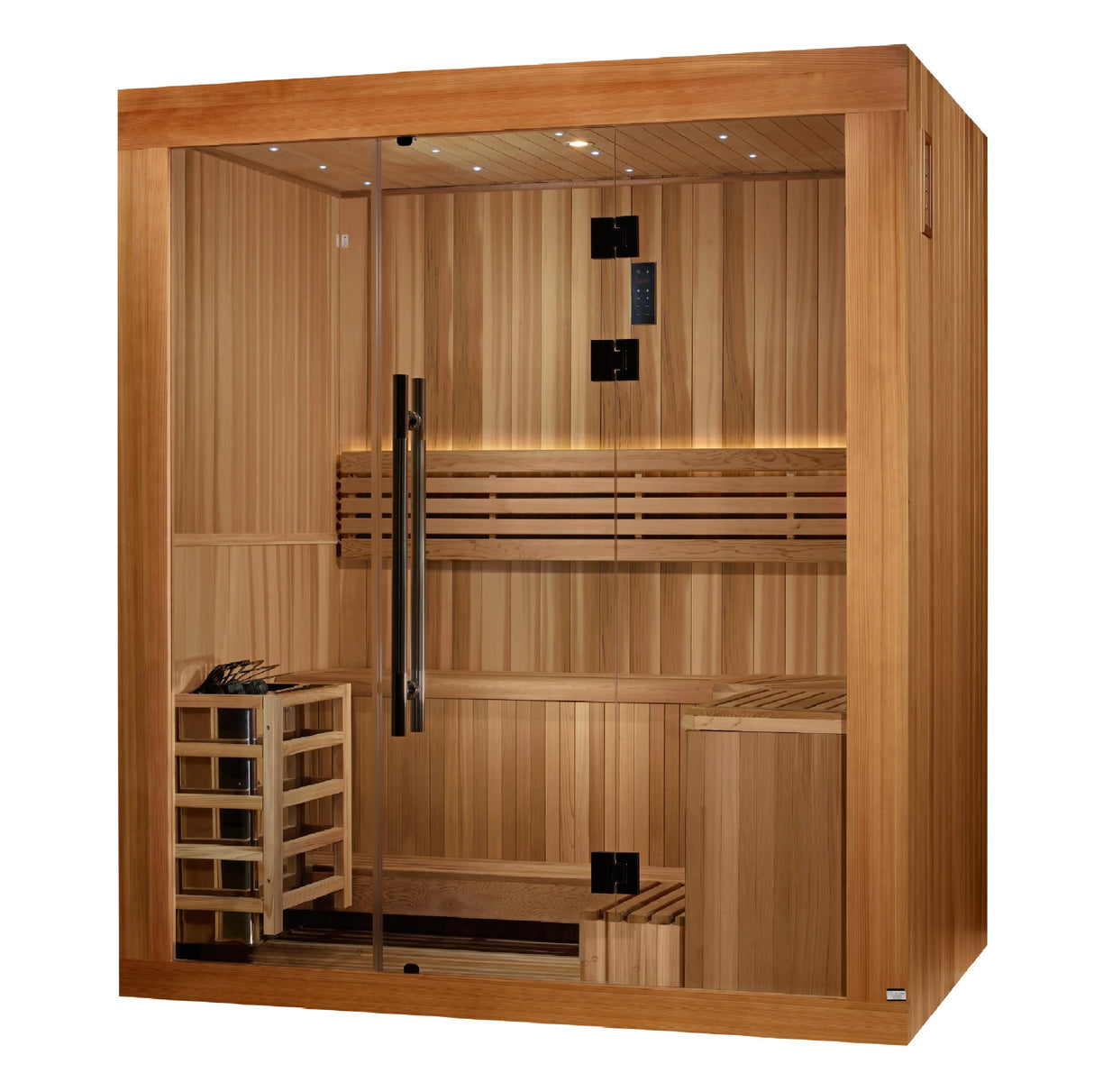 Golden Designs 2025 Updated Copenhagen Edition 3 Person Traditional Sauna - Canadian Red Cedar Interior and Pacific Premium Clear Cedar Exterior - Majestic Patio