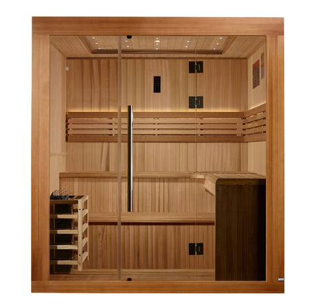 Golden Designs 2025 Updated Osla Edition 6 Person Traditional Sauna - Canadian Red Cedar Interior and Pacific Premium Clear Cedar Exterior - Majestic Patio