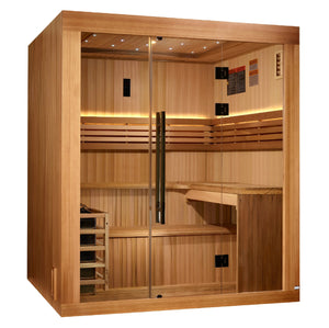 Golden Designs 2025 Updated Osla Edition 6 Person Traditional Sauna - Canadian Red Cedar Interior and Pacific Premium Clear Cedar Exterior - Majestic Patio