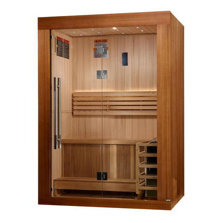 Golden Designs 2025 Updated Sundsvall Edition 2 Person Traditional Sauna - Canadian Red Cedar Interior and Pacific Premium Clear Cedar Exterior - Majestic Patio