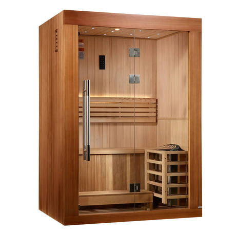 Golden Designs 2025 Updated Sundsvall Edition 2 Person Traditional Sauna - Canadian Red Cedar Interior and Pacific Premium Clear Cedar Exterior - Majestic Patio