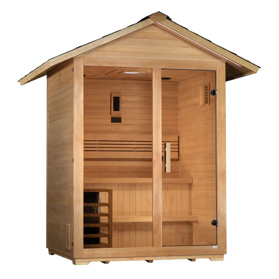 Golden Designs Arlberg 3 Person Traditional Outdoor Sauna - Canadian Hemlock - Majestic Patio