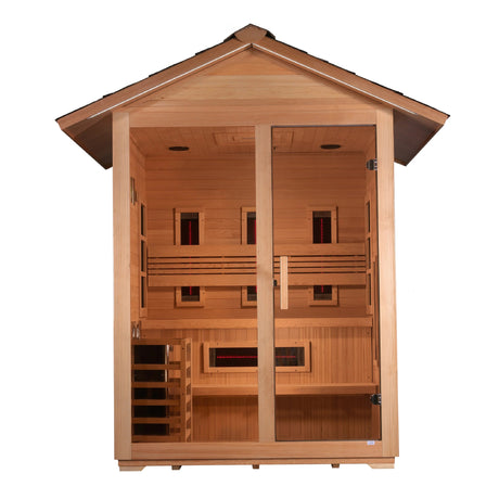 Golden Designs Carinthia 3 Person Hybrid (PureTech™ Full Spectrum IR or Traditional Stove) Outdoor Sauna - Canadian Hemlock - Majestic Patio