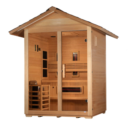 Golden Designs Carinthia 3 Person Hybrid (PureTech™ Full Spectrum IR or Traditional Stove) Outdoor Sauna - Canadian Hemlock - Majestic Patio