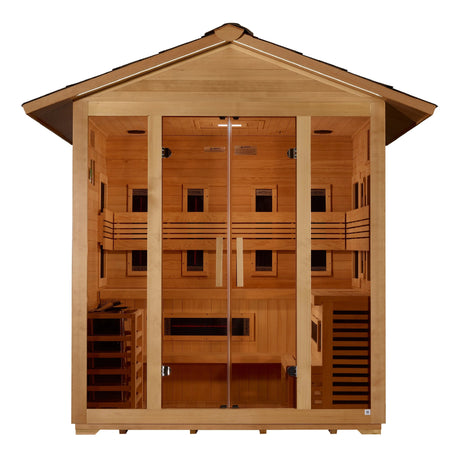 Golden Designs Gargellen 5 Person Hybrid (PureTech™ Full Spectrum IR or Traditional Stove) Outdoor Sauna - Canadian Hemlock - Majestic Patio