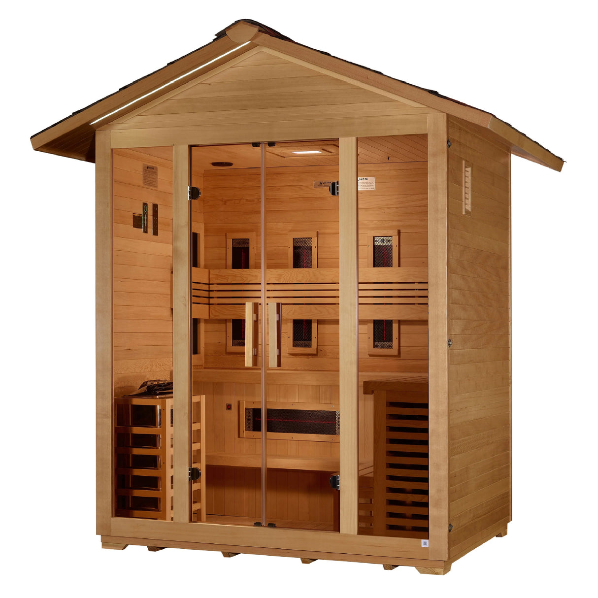 Golden Designs Gargellen 5 Person Hybrid (PureTech™ Full Spectrum IR or Traditional Stove) Outdoor Sauna - Canadian Hemlock - Majestic Patio