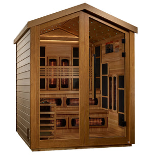 Golden Designs Kaskinen 6 Person Hybrid (PureTech™ Full Spectrum IR or Traditional Stove) Outdoor Sauna (GDI - 8526 - 01) - Canadian Red Cedar Interior - Majestic Patio