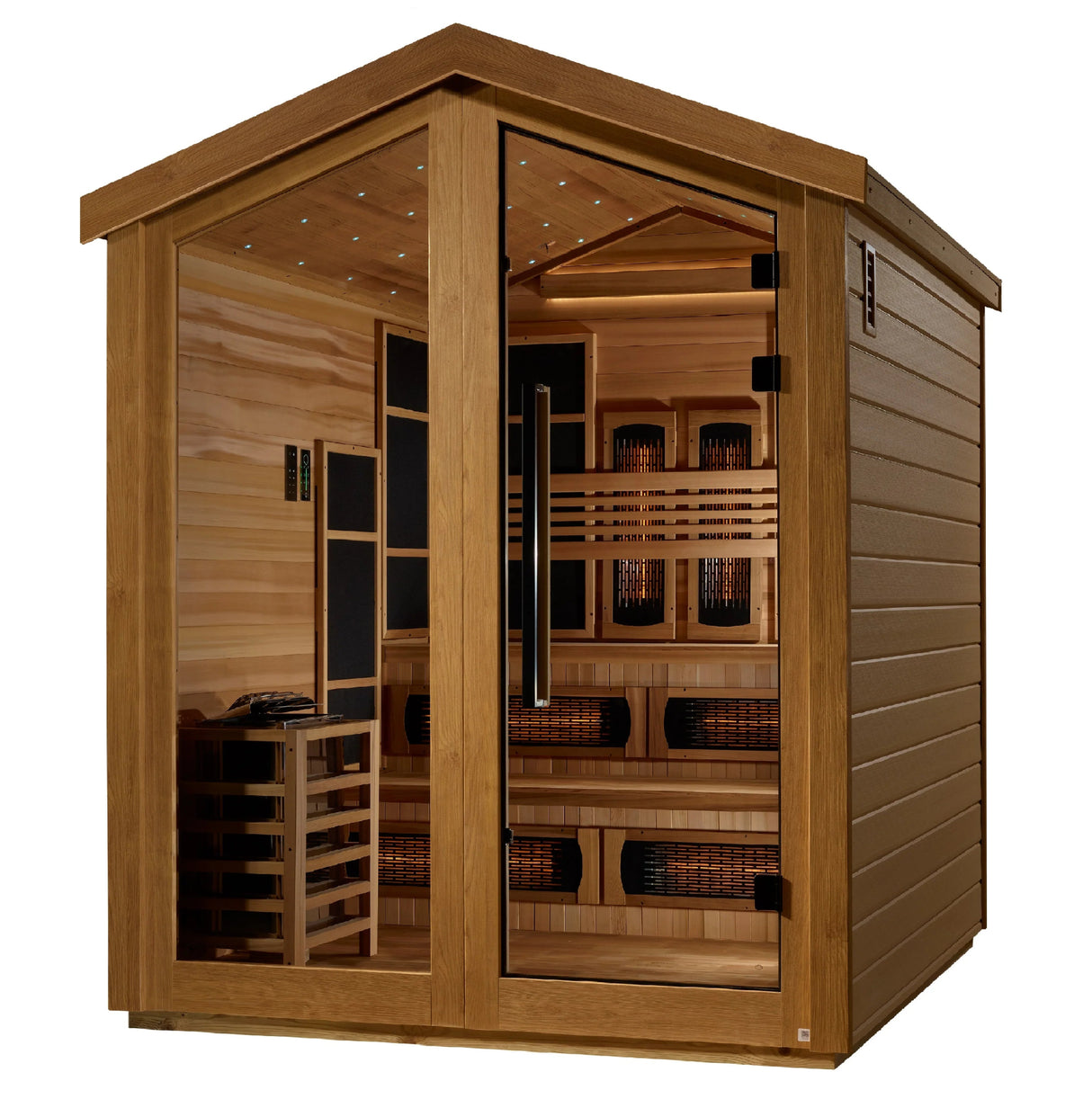 Golden Designs Kaskinen 6 Person Hybrid (PureTech™ Full Spectrum IR or Traditional Stove) Outdoor Sauna (GDI - 8526 - 01) - Canadian Red Cedar Interior - Majestic Patio