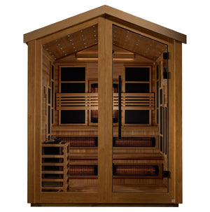 Golden Designs Kaskinen 6 Person Hybrid (PureTech™ Full Spectrum IR or Traditional Stove) Outdoor Sauna (GDI - 8526 - 01) - Canadian Red Cedar Interior - Majestic Patio