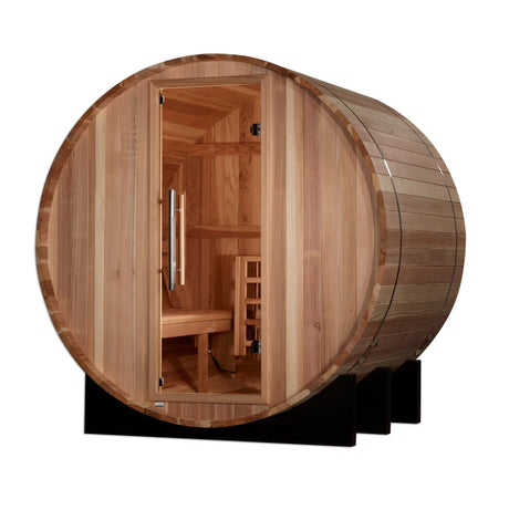 Golden Designs St. Moritz 2 Person Barrel Traditional Sauna - Pacific Cedar - Majestic Patio