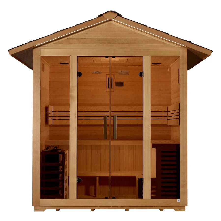 Golden Designs Vorarlberg 5 Person Traditional Outdoor Sauna - Canadian Hemlock - Majestic Patio