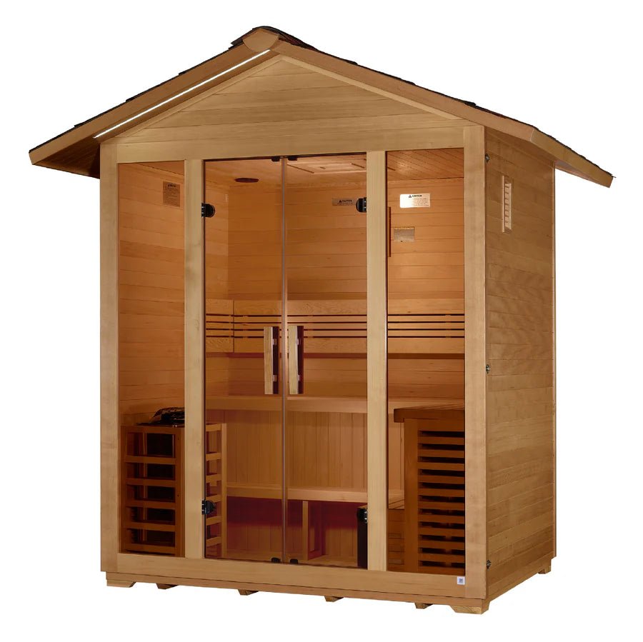 Golden Designs Vorarlberg 5 Person Traditional Outdoor Sauna - Canadian Hemlock - Majestic Patio