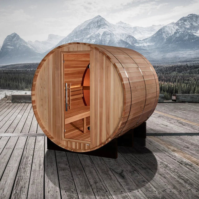 Golden Designs Zurich 4 Person Barrel with Bronze Privacy View - Traditional Sauna - Pacific Cedar - Majestic Patio