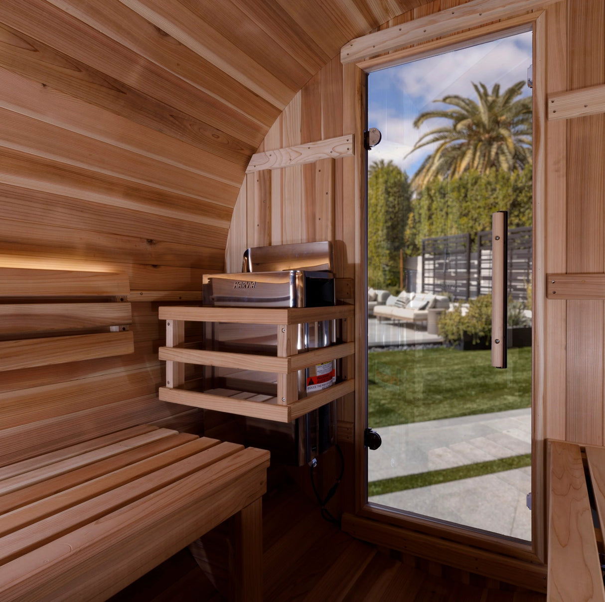 Golden Designs Zurich 4 Person Barrel with Bronze Privacy View - Traditional Sauna - Pacific Cedar - Majestic Patio