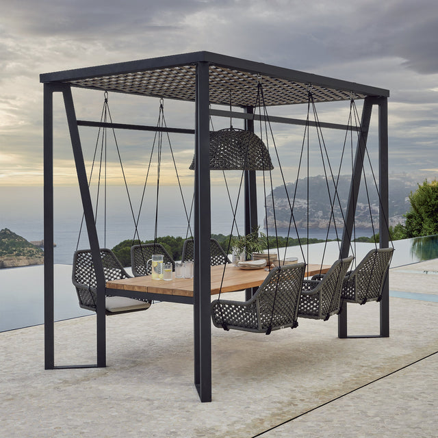 Horizon Pergola with Lamp, Hanging Chairs & Teak Table - Majestic Patio