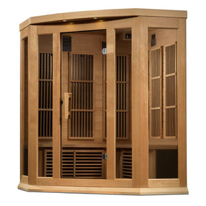 Maxxus 3 Person Corner Near Zero EMF FAR Infrared Sauna - Canadian Hemlock - Majestic Patio