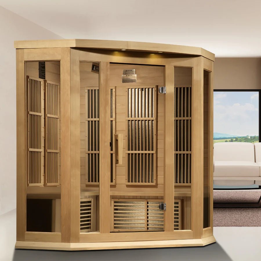 Maxxus 3 Person Corner Near Zero EMF FAR Infrared Sauna - Canadian Hemlock - Majestic Patio