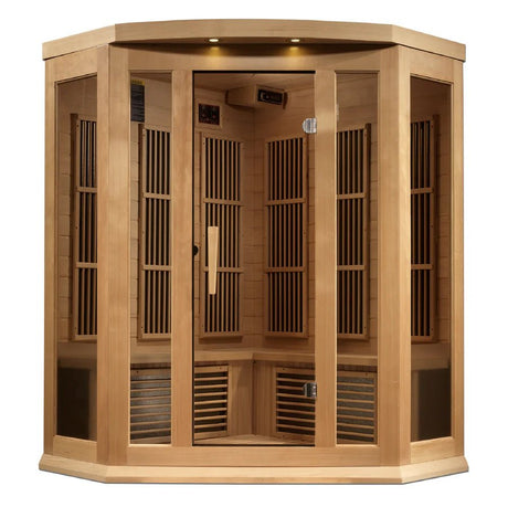 Maxxus 3 Person Corner Near Zero EMF FAR Infrared Sauna - Canadian Hemlock - Majestic Patio