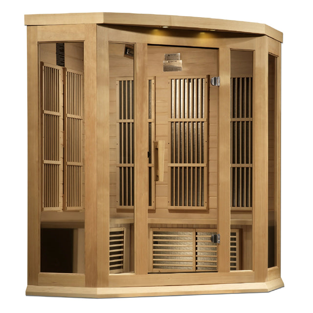 Maxxus 3 Person Corner Near Zero EMF FAR Infrared Sauna - Canadian Hemlock - Majestic Patio