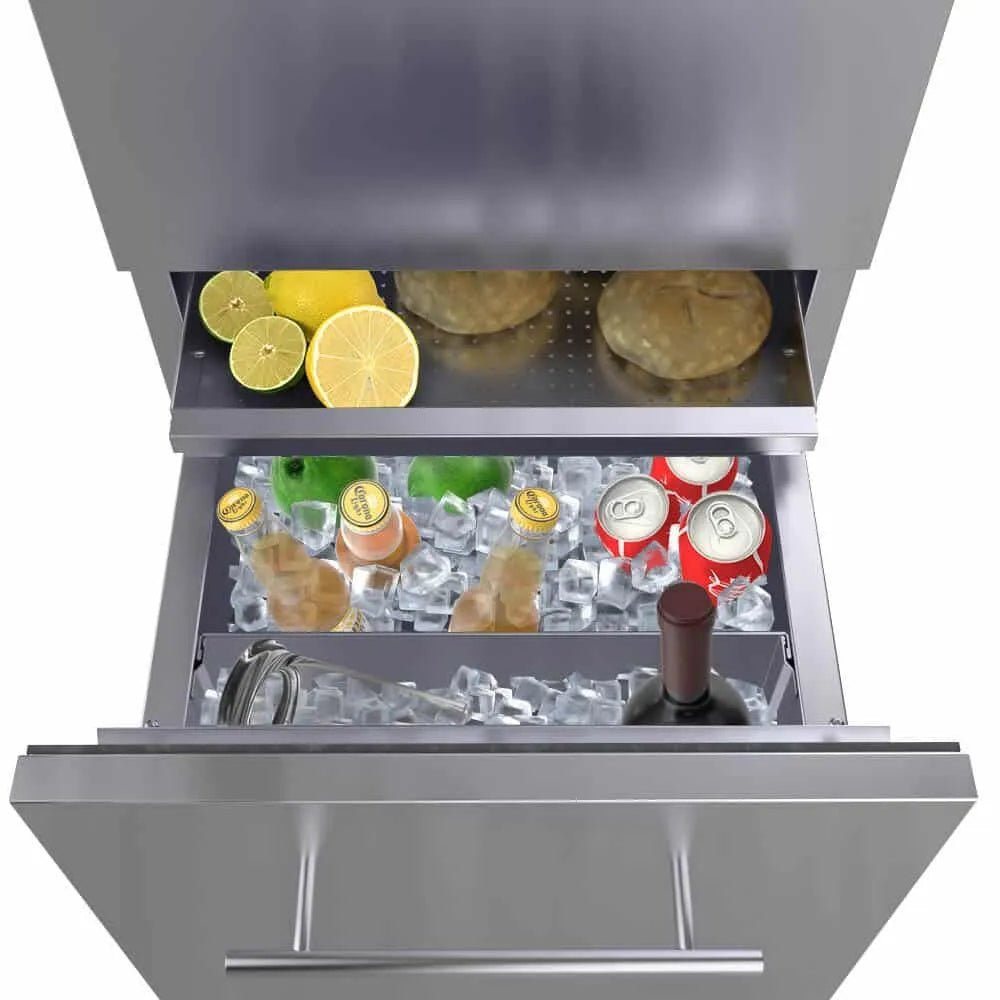 Sunstone 18″Combo Paper Towel Holder/Cutlery Drawer with Cutting Board & Insulated Ice Chest Dry Storage Drawer with Drain – SBC18DPIC - Majestic Patio