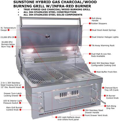 Sunstone - 30-Inch 3-Burner Built-In Grill Hybrid - Liquid Propane Gas - SUNCHSZ30IR - Majestic Patio