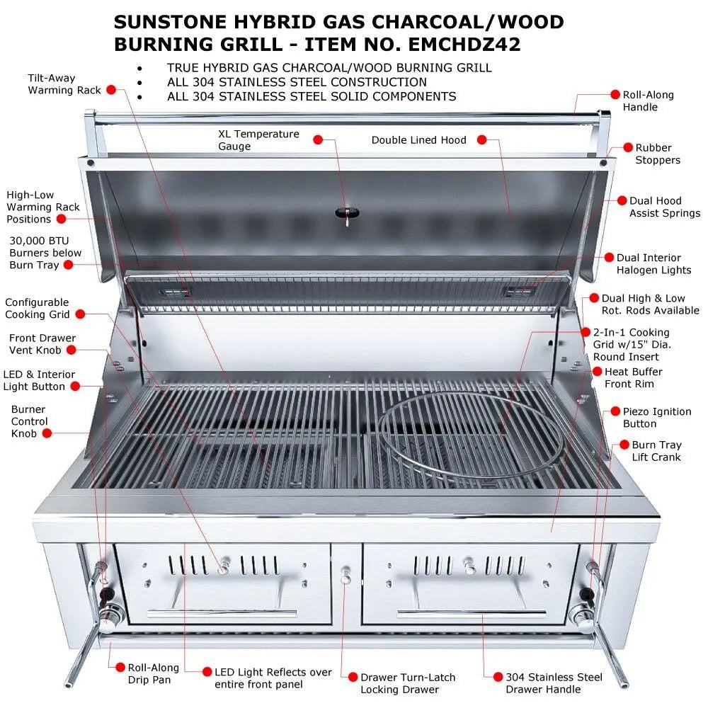 Sunstone Series 42″ Gas Hybrid Dual Zone Charcoal/Wood Burning Grill – EMCHDZ42 - Majestic Patio